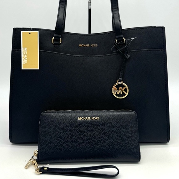 Michael Kors Large MF Pocket Shoulder Tote Bag & Continental Wallet Black/Gold - Picture 1 of 15